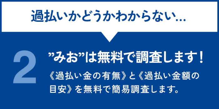 “みお”は無料で調査します！《過払い金の有無》と《過払い金額の目安》を無料で簡易調査します。